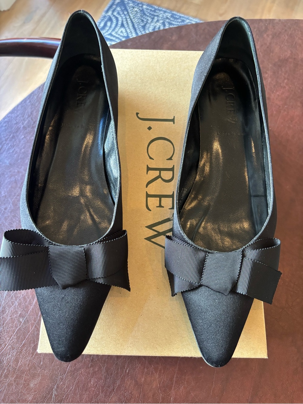J. Crew Black Satin Pointed Bow Flats with Grosgrain Detail